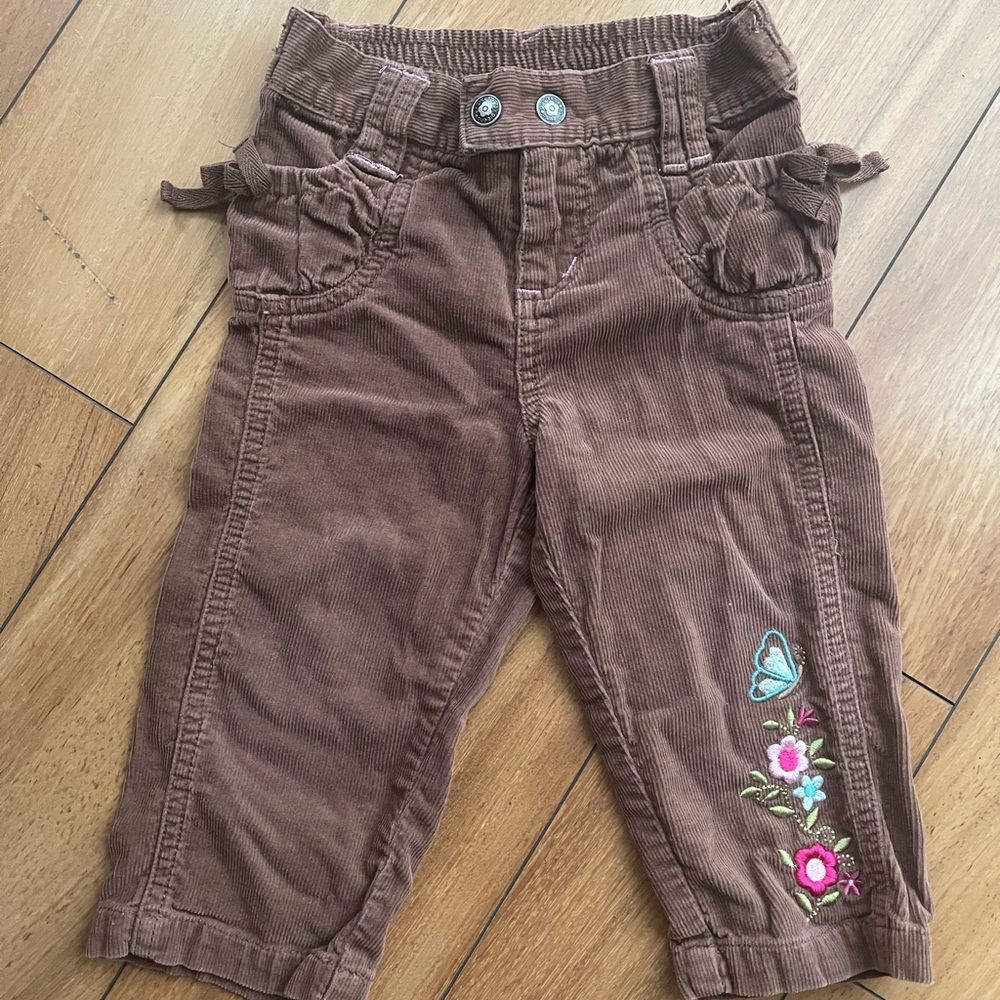❤️ Greendog Brown Corduroy Kids Bottoms with Floral Embroidery; 24 Months